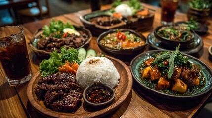 Fototapeta premium Delicious spread of Asian dishes with rice and colorful vegetables.