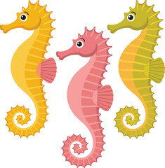 Obraz premium Three colorful seahorses swim, isolated on white background