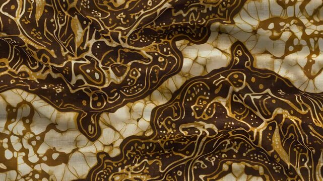 Intricate batik textile design with flowing, organic patterns in gold and brown.