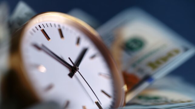 Abstract background of a blurred clock and money, time is money concept. Urgency, value.