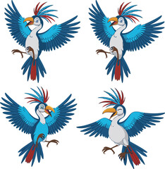 Naklejka premium Four cartoon birds are flying with their wings spread