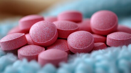 Close-up of Pink Pills on Soft Blue Fabric