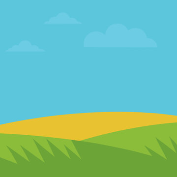 Cartoon landscape with rolling hills and clouds