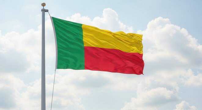 Benin National Flag Waving on Tall Flagpole in Sky with Clouds – Benin Independence Day Celebration, Patriotism, Freedom, Benin Culture & Heritage - Powered by Adobe