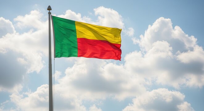 Benin National Flag Waving on Tall Flagpole in Sky with Clouds – Benin Independence Day Celebration, Patriotism, Freedom, Benin Culture & Heritage - Powered by Adobe