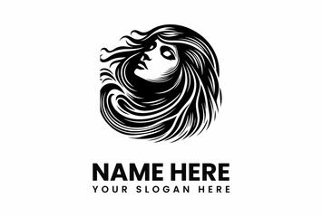 Elegant Black and White Logo Depicting a Womans Face and Flowing Hair 1.