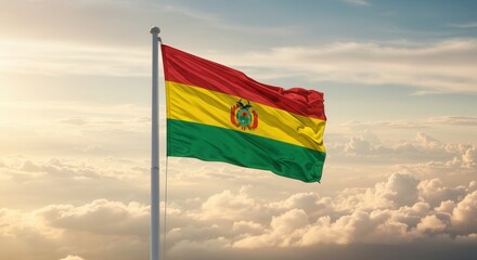 Bolivia National Flag Waving on Tall Flagpole in Sky with Clouds – Bolivia Independence Day Celebration, Patriotism, Freedom, Bolivian Culture & Heritage