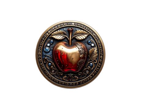 An ornate embossed bronze medallion featuring a shiny red and gold apple detailed leaves and sparkling blue gems.