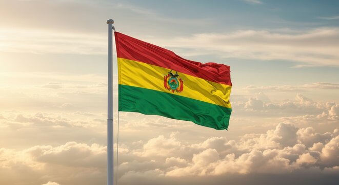 Bolivia National Flag Waving on Tall Flagpole in Sky with Clouds – Bolivia Independence Day Celebration, Patriotism, Freedom, Bolivian Culture & Heritage - Powered by Adobe