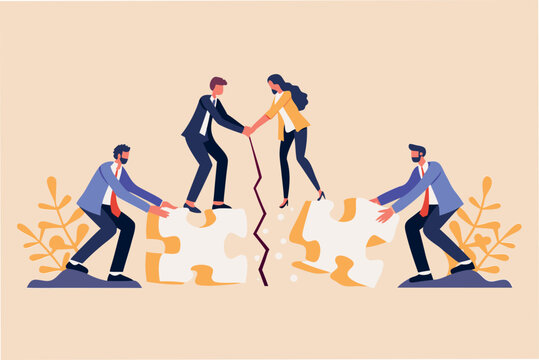 Connecting fractured pieces symbolizing unity and collaboration overcoming division facilitated by bridge building