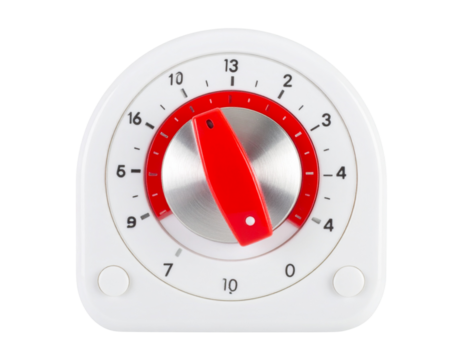 Classic Kitchen Timer with Dial and Red Countdown Indicator, Front View, Transparent PNG