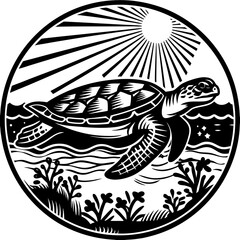 Turtle Swimming Near Surface with Sun Rays