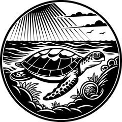 Turtle Swimming Near Surface with Sun Rays