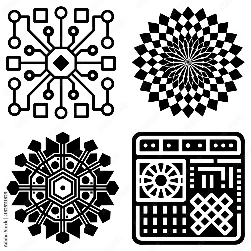 Poster four distinct black and white graphic designs in a square layout showcasing varied geometric pattern