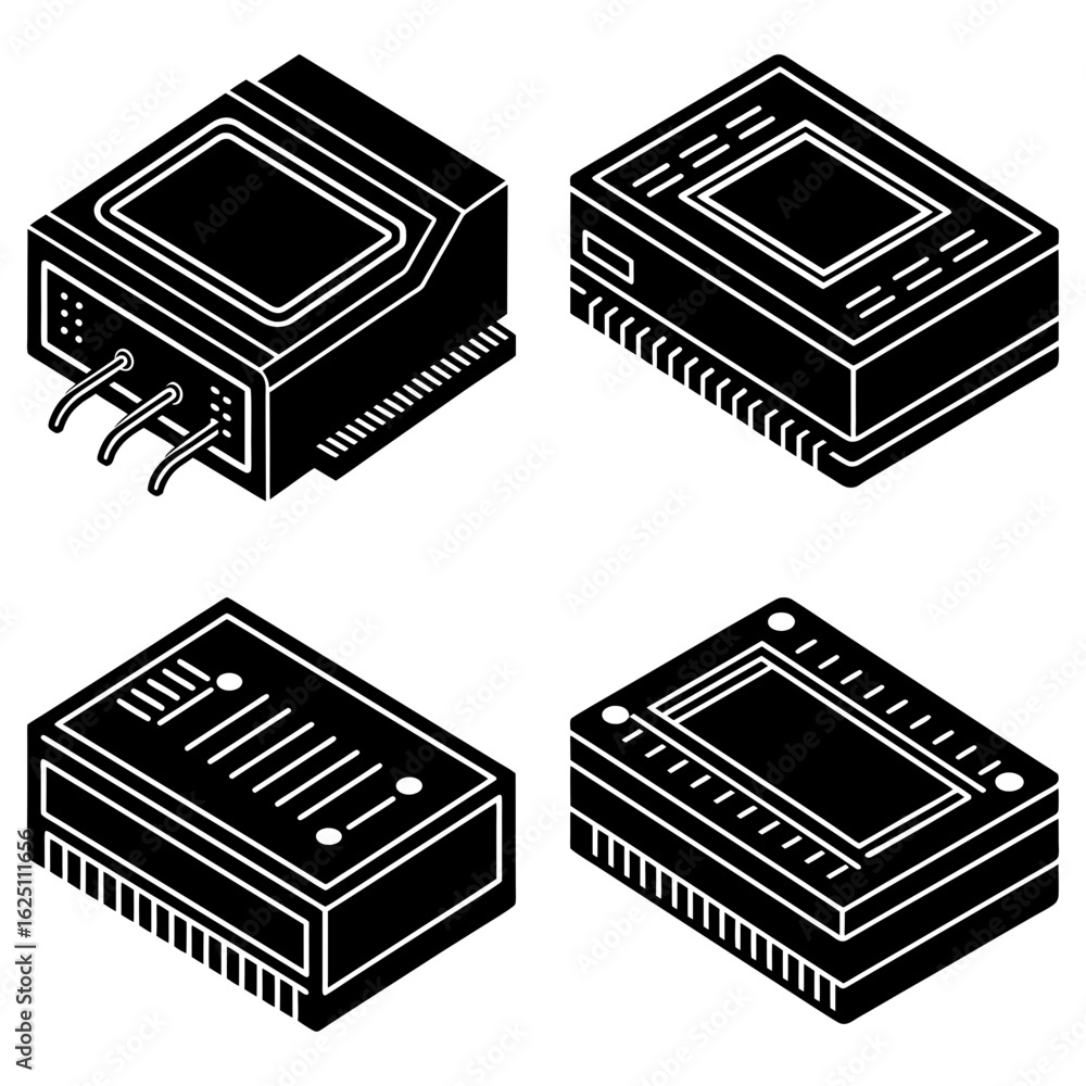 Aufkleber isometric view of four black electronic components with pins and display screens in a vector graphic