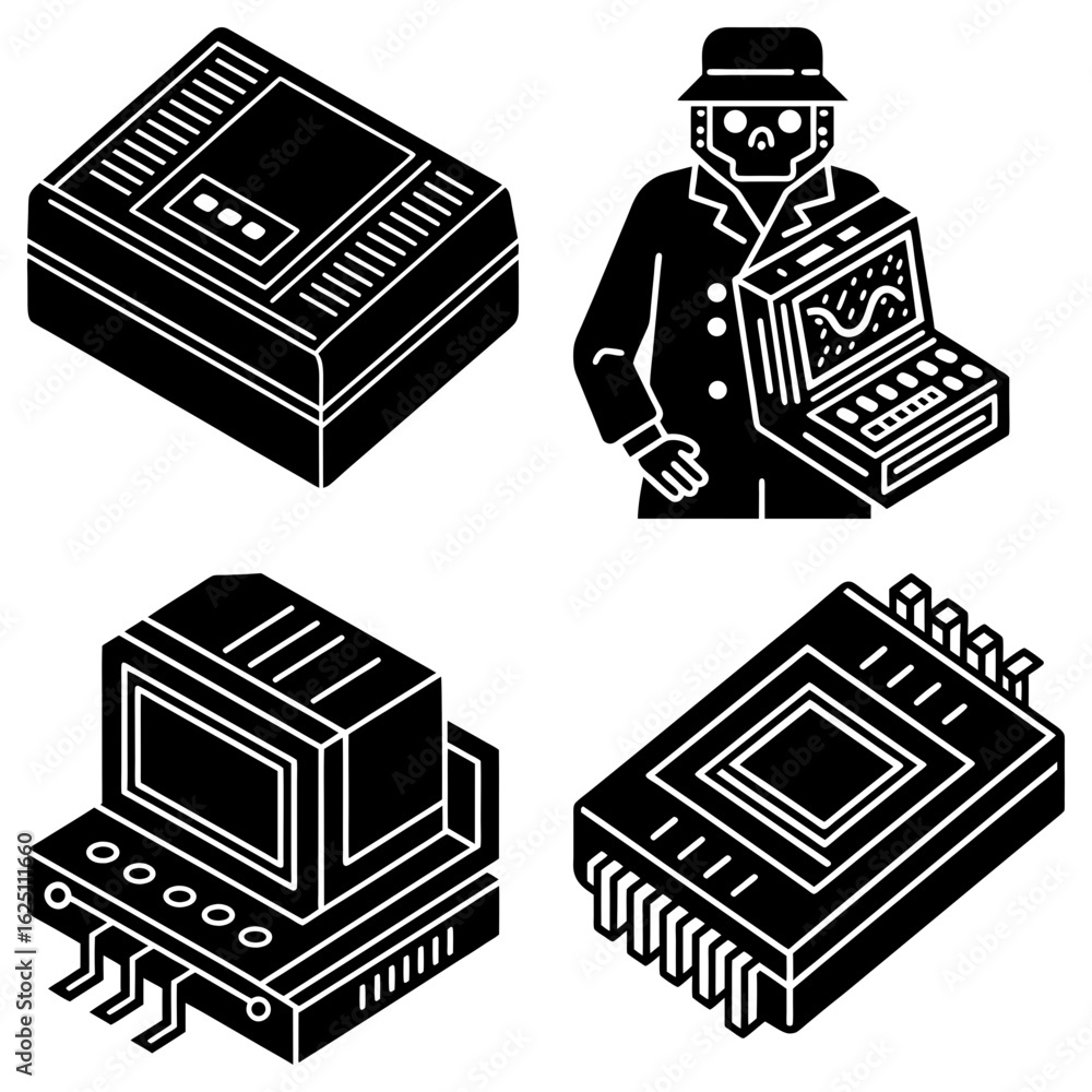 Poster isometric illustration of a spy with electronics and various computer hardware components shown