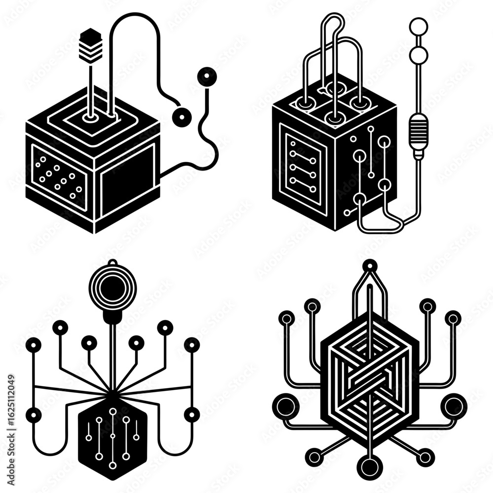 Poster four isometric black and white designs of abstract technology components with connecting wires and c