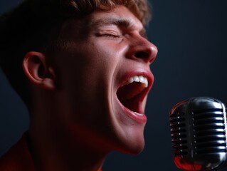 Person singing passionately into a vintage microphone, powerful voice. Vocal performance, expression. Retro aesthetic.