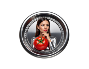 Pensive woman in a shiny silver bodysuit holding a large red tomato inside a metallic porthole.