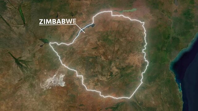 Zoom from Earth to Zimbabwe. Glow outline map animation satellite view with highlighted country borders. Cinematic documentary 3d world map animation highlights aerial views, tourism, and travel. 4k