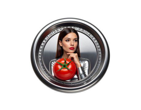 Pensive woman in a shiny silver bodysuit holding a large red tomato inside a metallic porthole.