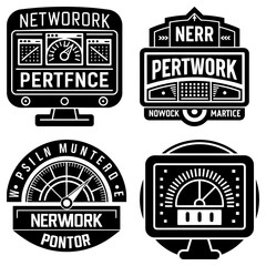 Obraz premium Four black and white emblems featuring stylized gauges and text with a vintage industrial aesthetic design