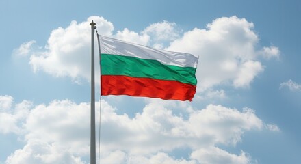 Bulgaria National Flag Waving on Tall Flagpole in Sky with Clouds – Bulgaria Independence Day Celebration, Patriotism, Freedom, Bulgaria Culture & Heritage