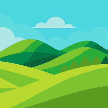 Vibrant green rolling hills under a bright blue sky with fluffy clouds