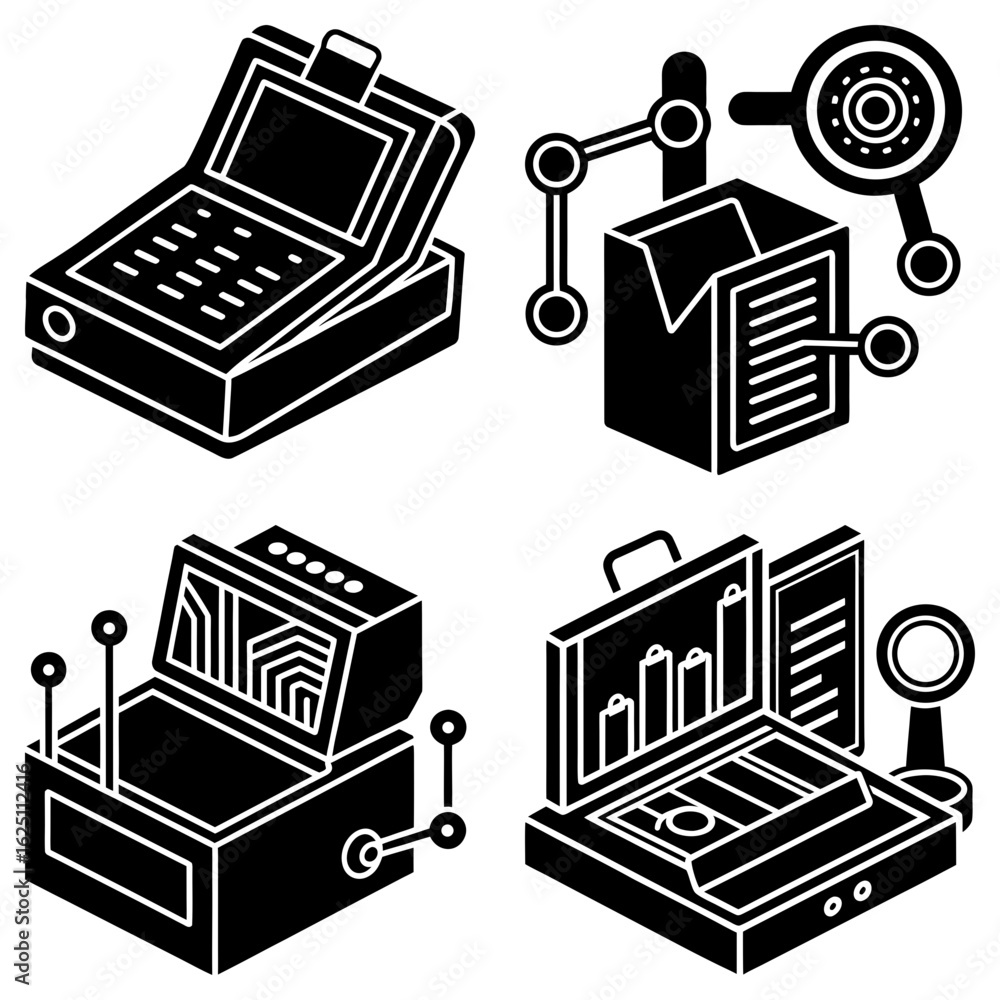 Poster isometric view of various open containers and devices with screens and robotic arms in black and whi
