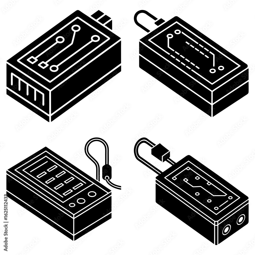 Poster isometric view of four electronic devices with circuit boards and digital display in black and white