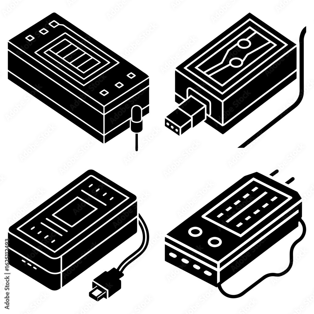 Poster isometric view of four different electronic devices with various connection ports and display panels