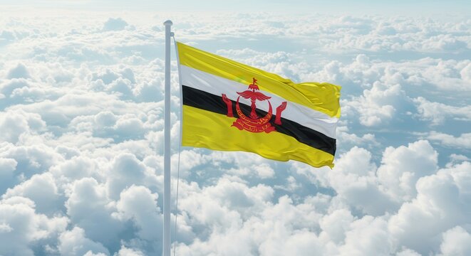 Brunei National Flag Waving on Tall Flagpole in Sky with Clouds – Brunei Independence Day Celebration, Patriotism, Freedom, Brunei Culture & Heritage - Powered by Adobe