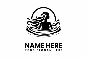 Elegant Woman Silhouette in Water Floral Crown Logo Design.