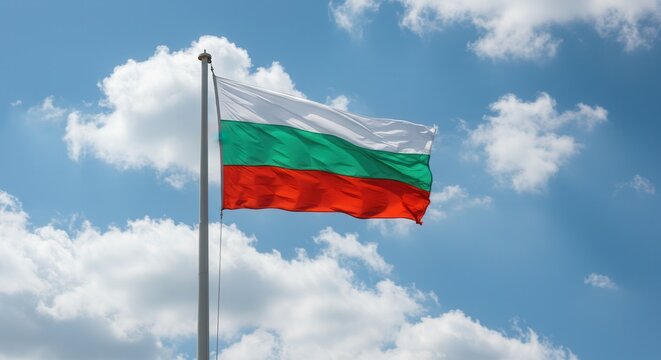Bulgaria National Flag Waving on Tall Flagpole in Sky with Clouds – Bulgaria Independence Day Celebration, Patriotism, Freedom, Bulgaria Culture & Heritage