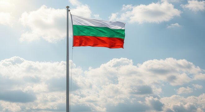 Bulgaria National Flag Waving on Tall Flagpole in Sky with Clouds – Bulgaria Independence Day Celebration, Patriotism, Freedom, Bulgaria Culture & Heritage