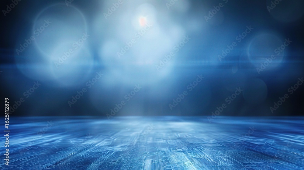 Poster abstract blue digital background with soft bokeh and a blurred floor, suggesting a technology or bus