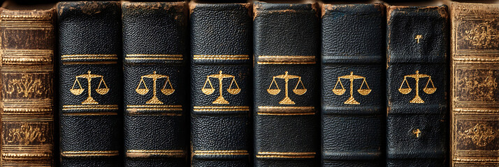 Row of ornate legal books with justice scales symbol on covers