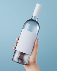 Mockup wine bottle in hand with blank label, clear glass bottle, blue background, copy space