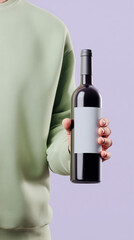 Mockup wine bottle in hand with blank label, black glass bottle, pastel purple background, modern style