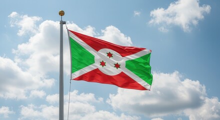 Burundi National Flag Waving on Tall Flagpole in Sky with Clouds – Burundi Independence Day Celebration, Patriotism, Freedom, Republic of Burundi Culture & Heritage