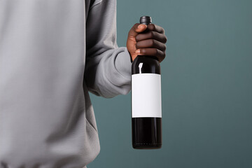 Mockup wine bottle in hand with blank label, dark glass bottle, grey background, casual outfit