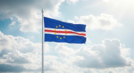 Cabo Verde National Flag Waving on Tall Flagpole in Sky with Clouds – Cabo Verde Independence Day Celebration, Patriotism, Freedom, Republic of Cabo Verde Culture & Heritage