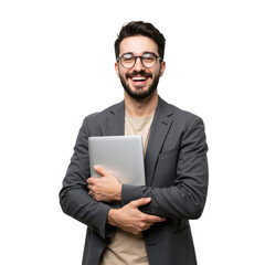 A smiling young man in a gray blazer and glasses cradles a laptop, exuding confidence against a clean transparent backdrop(PNG).