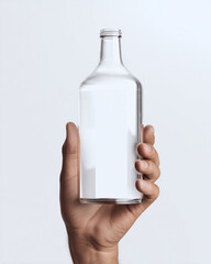 Mockup glass bottle, clear glass bottle with blank label, hand holding, minimalist background