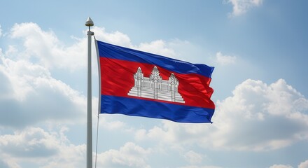 Cambodia National Flag Waving on Tall Flagpole in Sky with Clouds – Cambodia Independence Day Celebration, Patriotism, Freedom, Cambodia Culture & Heritage