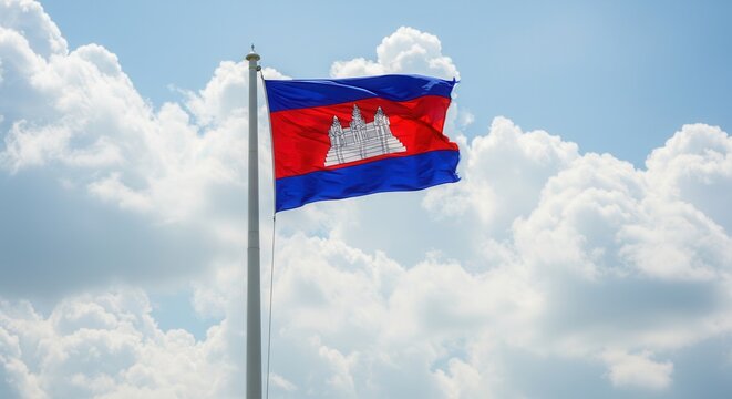 Cambodia National Flag Waving on Tall Flagpole in Sky with Clouds – Cambodian Independence Day Celebration, Patriotism, Freedom, Cambodian Culture & Heritage