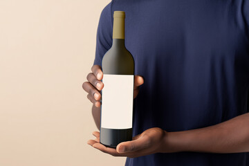 Mockup wine bottle in hand with blank label, dark green glass bottle, neutral background, hands presentation