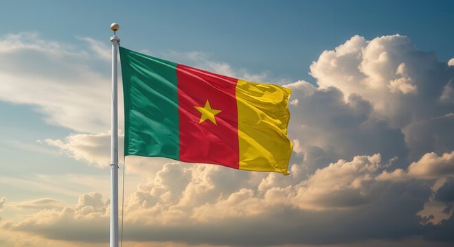 Cameroon National Flag Waving on Tall Flagpole in Sky with Clouds – Cameroon Independence Day Celebration, Patriotism, Freedom, Cameroon African Culture & Heritage