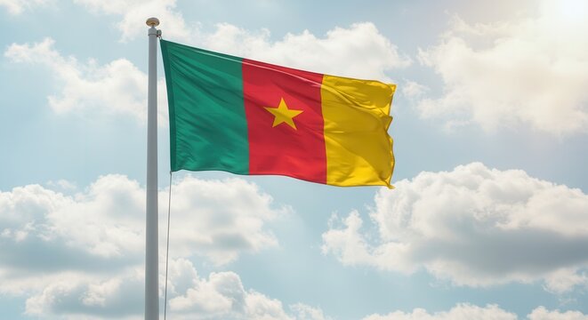 Cameroon National Flag Waving on Tall Flagpole in Sky with Clouds – Cameroon Independence Day Celebration, Patriotism, Freedom, Cameroon African Culture & Heritage - Powered by Adobe