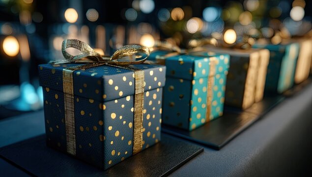 Close-up of three gift boxes. Dark teal, teal-blue, and light teal-green boxes, dotted with gold dots. Gold ribbon bows. Bokeh background